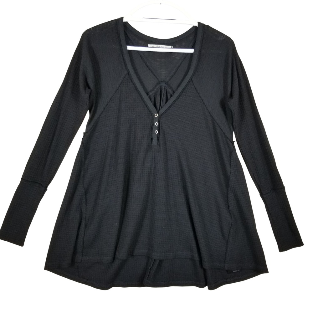 We The Free Free People Black Waffle Knit Henley Babydoll Thermal Top Sz XS